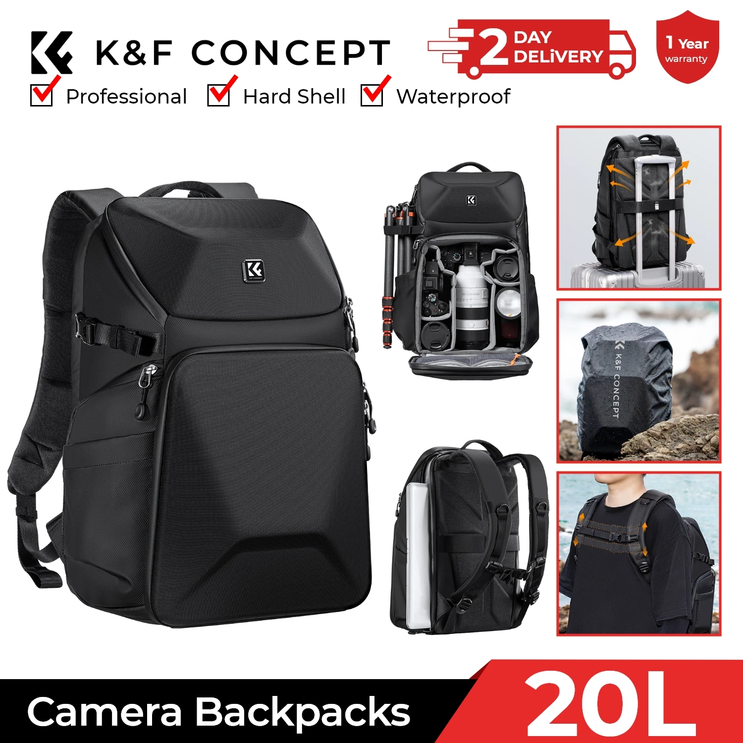 Laptop Bag Waterproof - Plecak fotograficzny K&F CONCEPT 20L, wodoodporny,